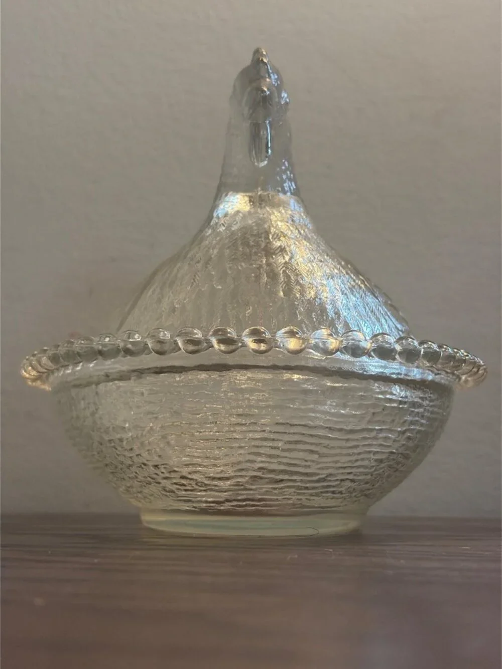 Vintage Indiana Glass Hen On Nest Covered Dish Beaded Edge - Decorative Clear